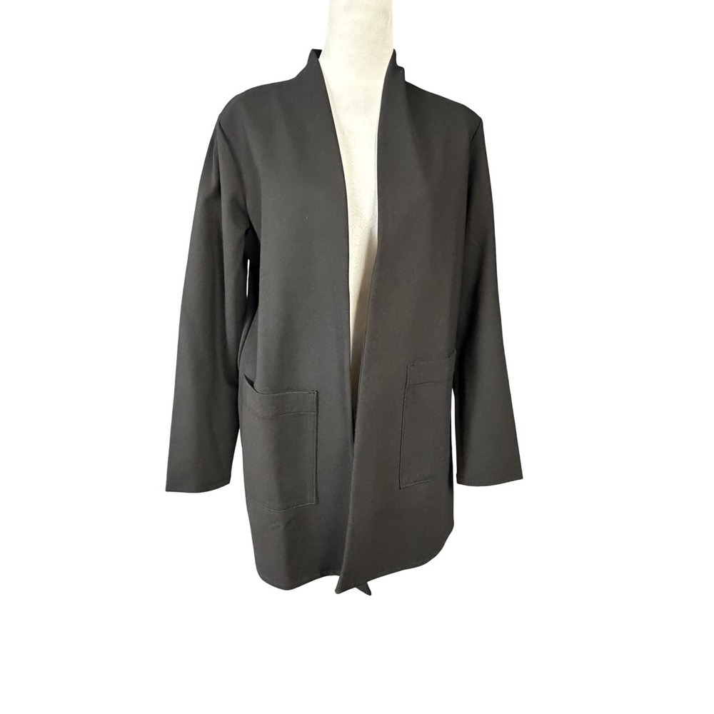 Eileen Fisher Jacket Womens Small Black Tencel Knit Open Front Pockets Cardigan